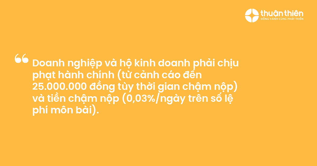 Doanh nghiệp và hộ kinh doanh phải chịu phạt hành chính (từ cảnh cáo đến 25.000.000 đồng tùy thời gian chậm nộp) và tiền chậm nộp (0,03%/ngày trên số lệ phí môn bài).
