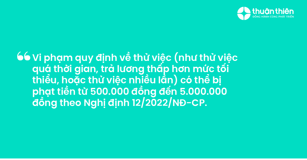 Vi phạm quy định về thử việc (như thử việc qu&aacute; thời gian, trả lương thấp hơn mức tối thiểu, hoặc thử việc nhiều lần) c&oacute; thể bị phạt tiền từ 500.000 đồng đến 5.000.000 đồng theo Nghị định 122022NĐ-CP.