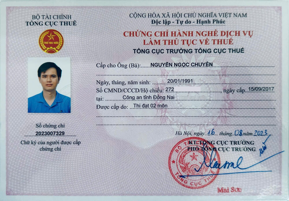 Chứng chỉ Đại lý Thuế số 2023007329 – Nguyễn Ngọc Chuyên – Tổng cục Thuế