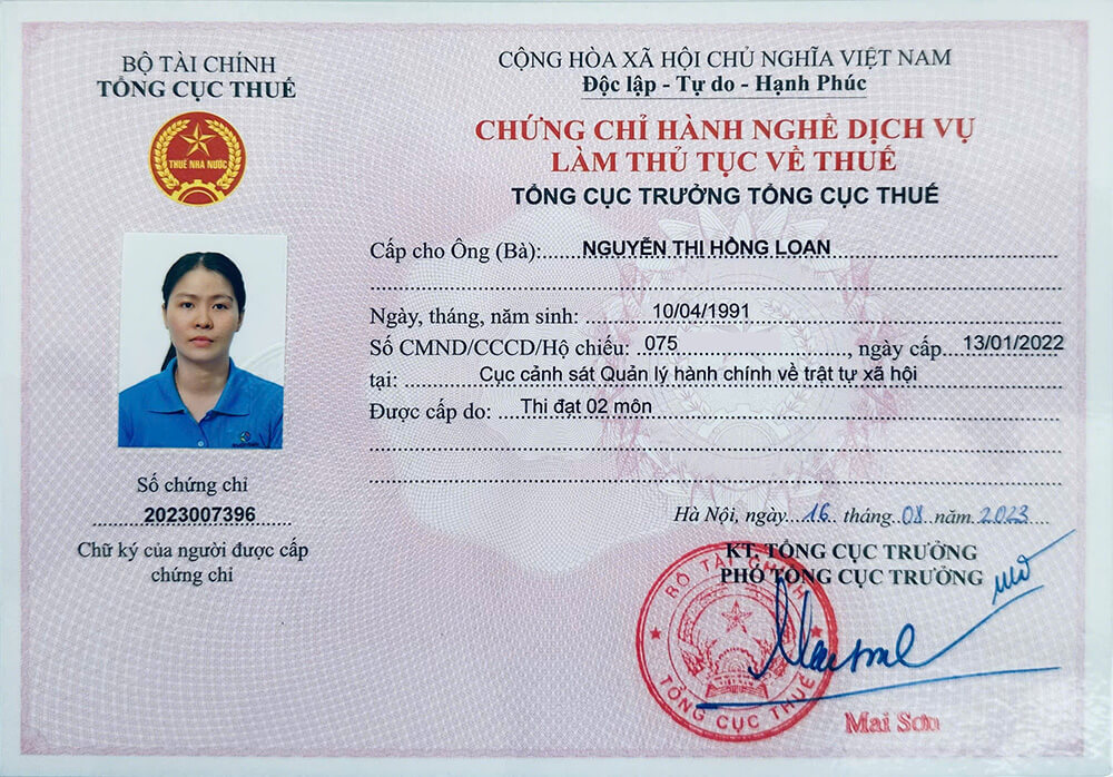 Chứng chỉ Đại lý Thuế số 2023007396 – Nguyễn Thị Hồng Loan – Tổng cục Thuế