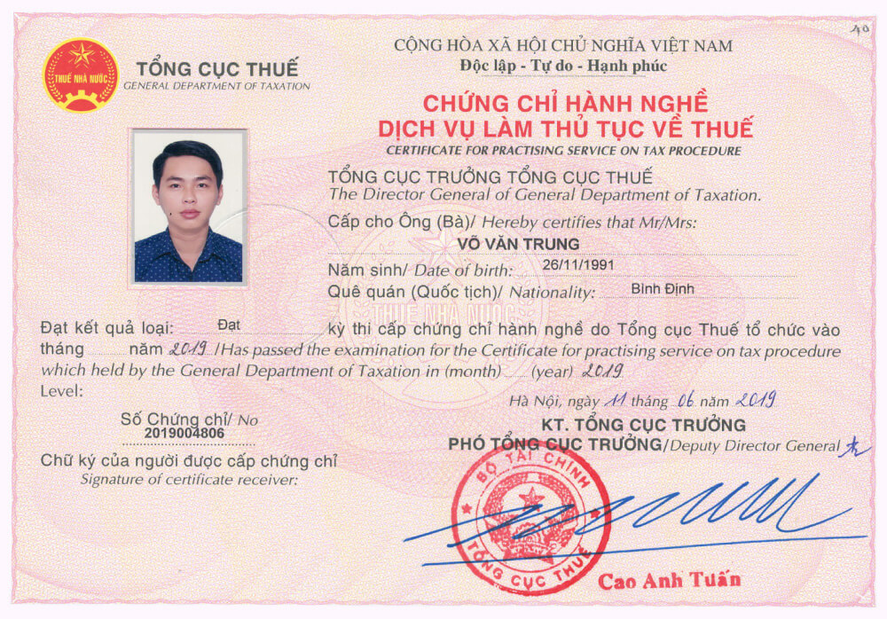 Chứng chỉ Đại lý Thuế số 2019004806 – Võ Văn Trung – Tổng cục Thuế